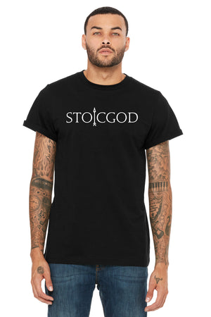 Male Model wearing Black T-Shirt that says STOICGOD