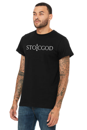 Male Model wearing Black T-Shirt that says STOICGOD