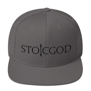 Dark Grey Snapback Cap that says STOICGOD