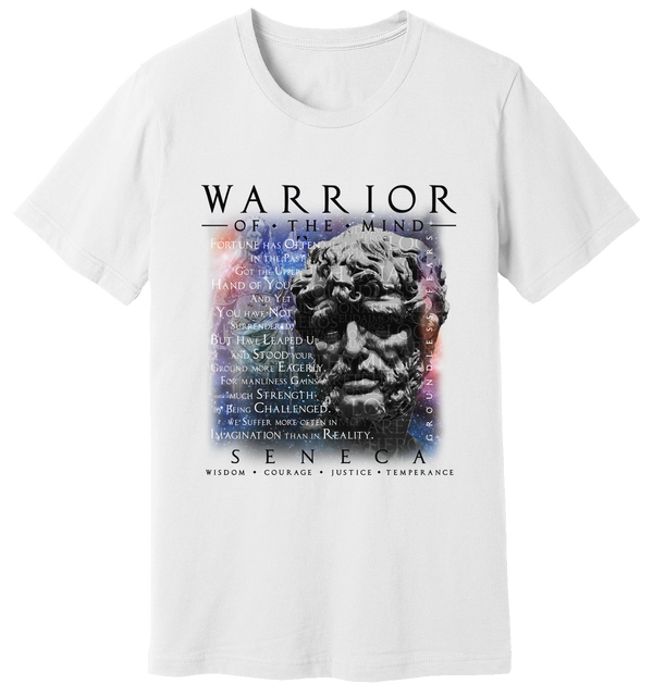 White T-Shirt of Seneca with a passage from "Groundless Fears" by Seneca made by WARRIOR OF THE MIND