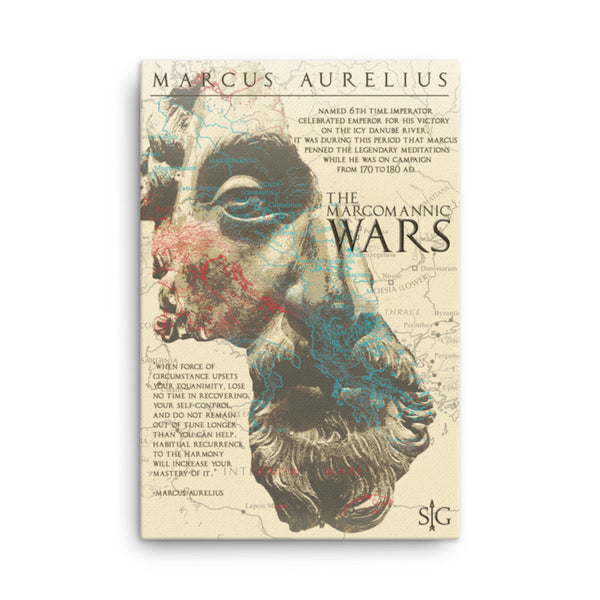 Marcus Aurelius Canvas Print with artwork of Marcus Aurelius and details of the Marcomannic Wars