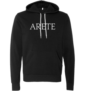 Black pullover hoodie that says ARETE