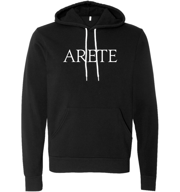 Black pullover hoodie that says ARETE