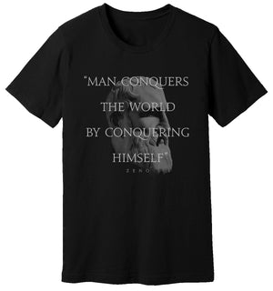 Black T-Shirt of Zeno that says “Man Conquers The World by Conquering Himself” by WARRIOR OF THE MIND