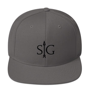 Dark Grey Snapback Cap that has SG with an Arrow