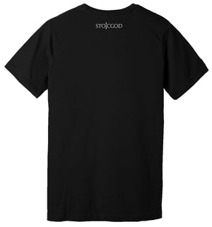 Back of Black T-Shirt with STOICGOD printed on it