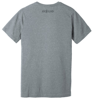 Back of Heather Grey T-Shirt with STOICGOD printed on it