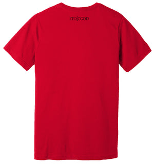 Back of Red T-Shirt with STOICGOD printed on it