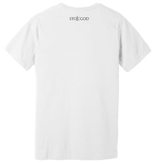 Back of White T-Shirt with STOICGOD printed on it