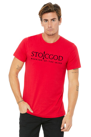 Male Model wearing Red T-Shirt that says STOICGOD