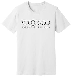 White T-Shirt that says STOICGOD Warrior Of The Mind