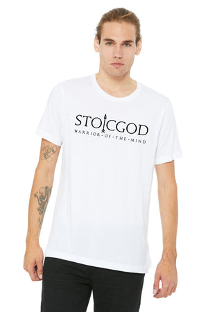 Male Model wearing White T-Shirt that says STOICGOD