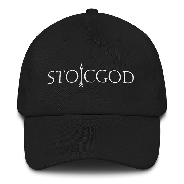 Dad Cap in black that says STOICGOD