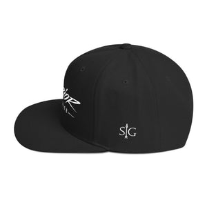 Left Side of Black Snapback Cap that has SG with an Arrow