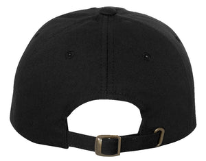 Back of Dad Cap in Black that says STOICGOD with adjustable strap