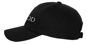 Side Photo of Dad Cap in Black that says STOICGOD with adjustable strap