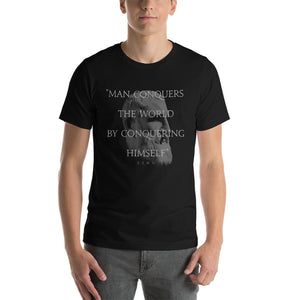 Model wearing Black T-Shirt of Zeno that says “Man Conquers The World by Conquering Himself” by WARRIOR OF THE MIND