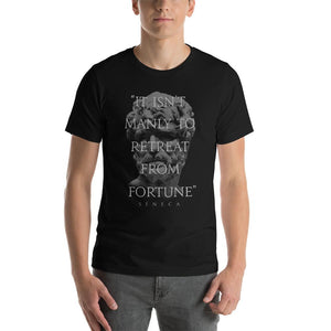 Model wearing Black T-Shirt of Seneca that says “It Isn’t Manly To Retreat from Fortune” by WARRIOR OF THE MIND